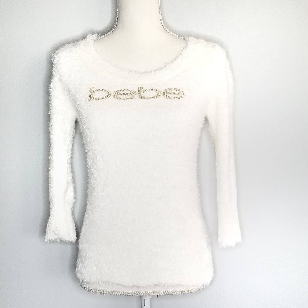 Bebe NWOT Fuzzy White and Gold Sweater